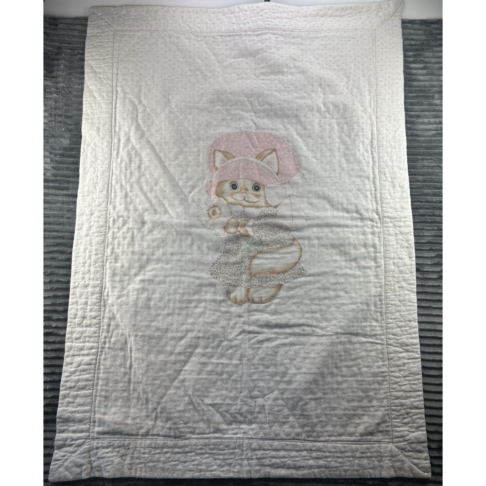 Vintage Spring Mills Handmade Pink Bonnet Floral Dress Kitty Cat Baby Girl Quilt